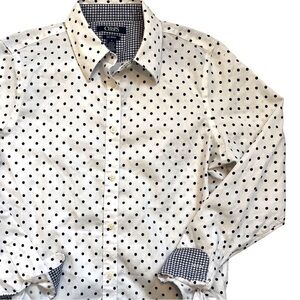 Chaps Womens Polka Dot Non-Iron Button Down Shirt M White Navy Cotton Preppy